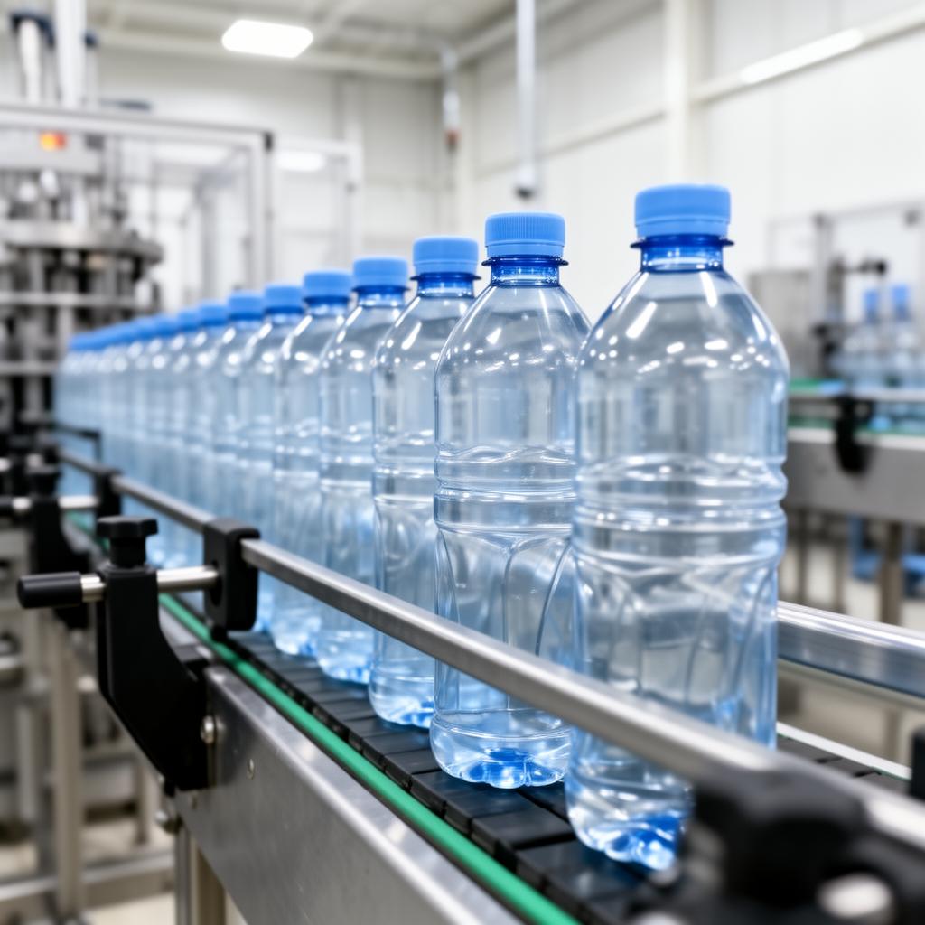 Linha PET usada — garrafas de água mineral em enchimento automático